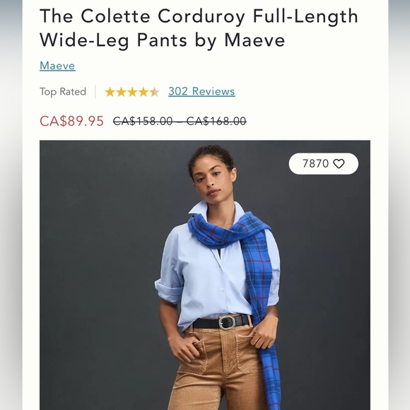 Maeve Corduroy Wide Leg Pants. NWT. Size 27. Colour: Camel - Picture 6 of 7